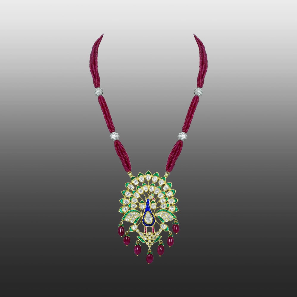 Peacock Pendant Necklace with Polki, Green Enamel, and Ruby Drops
